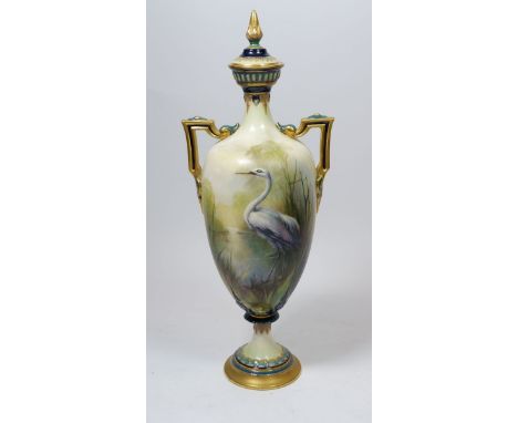 A James Hadley Worcester two handled vase and cover painted heron, 29cm, lid a/f