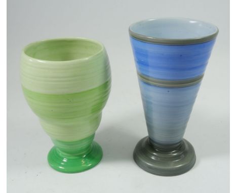 A Shelley Harmony Ware blue banded conical vase and a green bulbous vase 