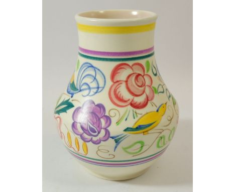 A Poole pottery vase painted yellow birds and flowers, 18cm tall 