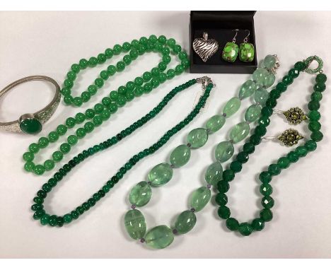A Collection of Modern Polished Hardstone Jewellery, in hues of green, including three bead necklaces, of uniform design, a p