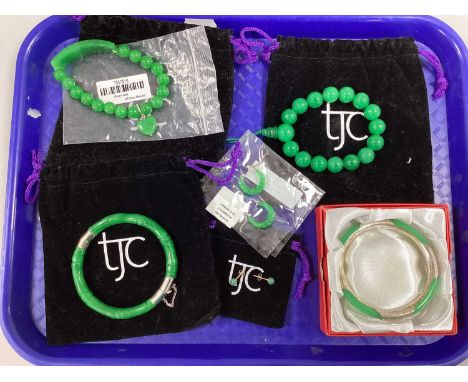 TJC; Modern Green Jade and Other Jewellery, including bangles, an elasticated bead bracelet, of uniform design, a pair of stu