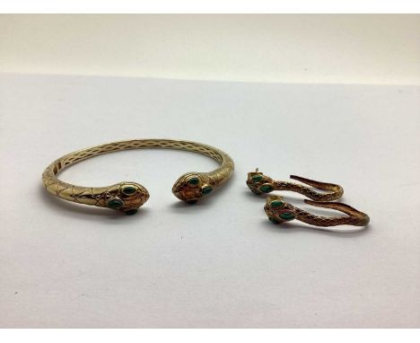 The Jewellery Channel; Sundays Child, A Hallmarked Silver Gilt Tone Hinged Serpent Bangle, the tapered cuff to malachite set 