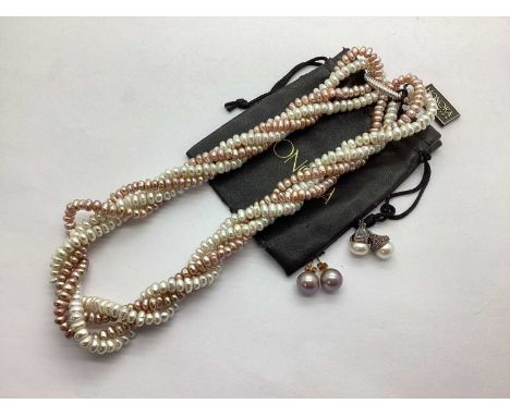 Suarti; Button Pearl Huggie Style Earrings, with beaded decoration, stamped "925", together with a pair of coloured pearl stu