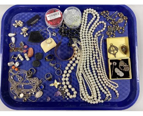 Vintage and Later Costume Jewellery, including imitation pearls, Mizpah brooches, dress rings, bangle, "925" and other chains