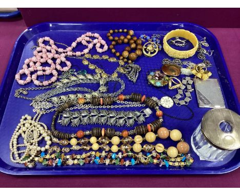 Assorted Costume Jewellery, incuding bead necklaces, bangle, brooches including hallmarked silver deer, marcasite, hallmarked