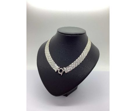 A Modern Widen Woven Necklace, stamped "925 Milor Made In Italy", to oversize bolt ring clasp.