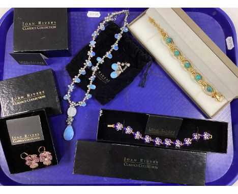 Joan Rivers Collection; A Gilt and Enamel Flowerhead Panel Style Bracelet, in original box, a pair of similar inset drop earr
