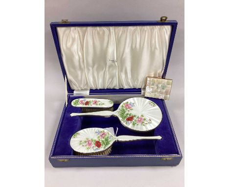 A Hallmarked Silver and Enamel Three Piece Dressing Table Set, Mappin &amp; Webb, Birmingham 1962, each hand painted with pin