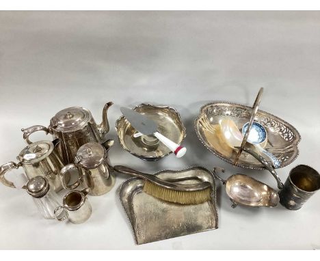 Assorted Plated Ware, including swing handled footed dish, Victorian beaker, hallmarked silver topped glass sugar sifter, 'Co