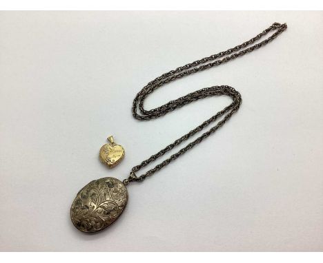 A Modern 9ct Gold Heart Shape Locket Pendant, 'Special Mum Love You Always'; together with a hallmarked silver oval locket pe