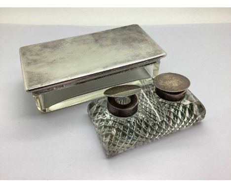 A Hallmarked Silver Mounted Double Glass Inkwell, 10cm wide; together with a plain hallmarked silver lidded glass trinket box