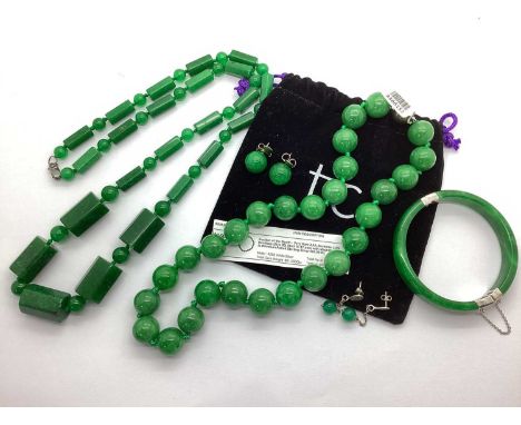 A "Burmese Jade" Necklace, of Uniform Beaded Design, together with The Genuine Gemstone Company "green jade" hinged bangle, t