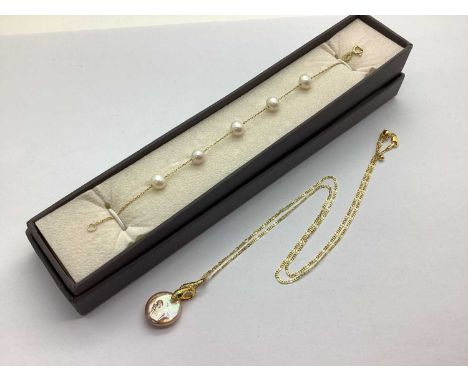 Kyoto Pearls; A Gilt Coloured "925" Freshwater Pearl Bracelet, together with a blush coloured button pearl pendant, with serp