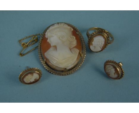 A 9ct gold cameo set brooch with similar earrings and ring, total weight approx 13.5g