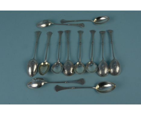 Two sets of six Russian silver spoons, all with engraved decoration to backs, weight approx 300g