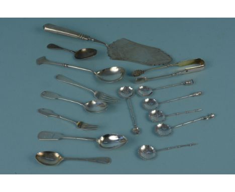 A quantity of silver and white metal cutlery and two English silver teaspoons, a set of six spoons stamped STERLING 950, a qu