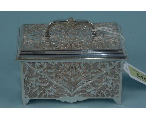 A silver plated jewellery box with silk lined interior, ornate floral decoration to each panel, marked for Hukin &amp; Heath 