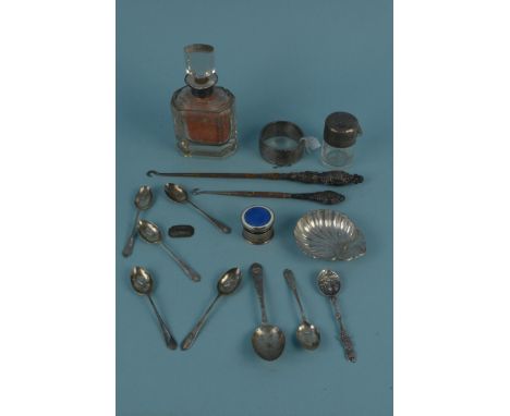 A mixed lot of silver and white metal items including a set of six silver teaspoons, bangle etc (most items are as found), we