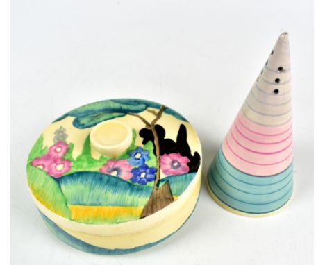CLARICE CLIFF; a conical sugar sifter with banded decoration, height 13cm, together with a Clarice Cliff lidded box of circul