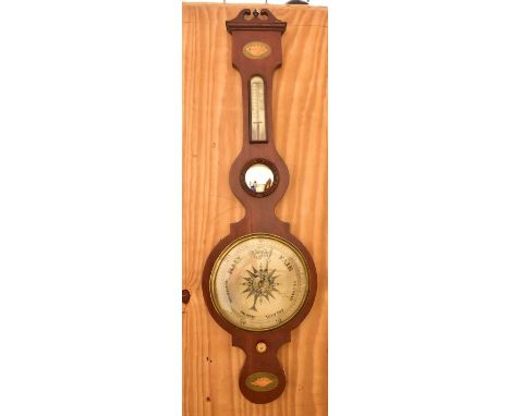 An Edwardian mahogany and marquetry banjo thermometer and barometer with silvered dial, unsigned, length 109cm.Additional Inf