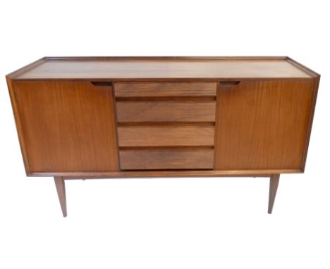 A mid-century mimosa teak sideboard, with four central drawers flanked by two panelled cupboard doors, height 86cm, length 15