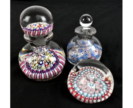 OLD ENGLISH; a glass inkwell and stopper with millefiori decoration, height 14.5cm, together with a similar smaller example w