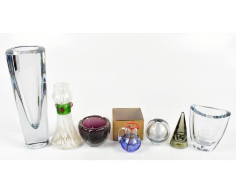 A collection of Scandinavian glassware including a Stromberg vase engraved with a Viking boat, height 10.5cm, a Kosta Boda mi