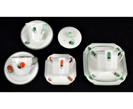 SHELLEY; an Art Deco trio in the Princess shape and decorated in the 'Blocks and Lines' pattern, pattern no.12253, together w