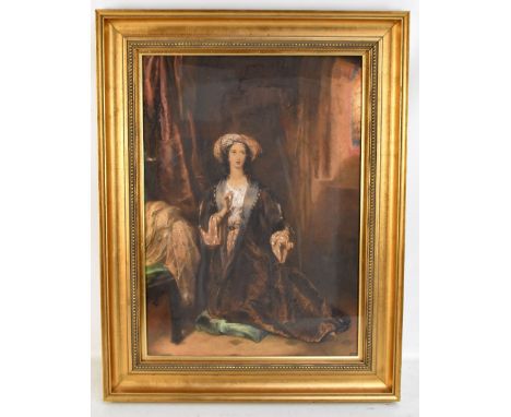 UNATTRIBUTED; watercolour heightened in white, portrait of a lady kneeling in chapel with stained glass window to upper right