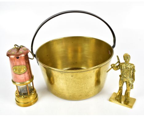 A Victorian brass preserve pan, a Hockley Lamp &amp; Limelight Co. miner's safety lamp and a brass figure of a miner (3).Addi