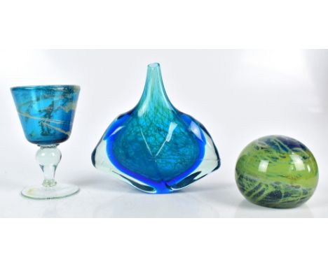 MDINA; three pieces of contemporary glassware to include an axe head vase, unsigned, height 20cm, a goblet raised on single k