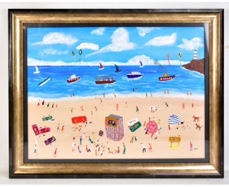 VINCENT DOTT (British, 20th Century); oil on board, ‘Punch &amp; Judy’, beach scene with figures and puppet show to foregroun