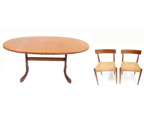 G-PLAN; a Fresco oval teak dining table of with extra leaf, height 72cm, length unextended 162cm, and a set of six Scandinavi