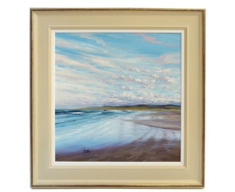 TOM BARRON; oil on canvas, ' The Beach Machrihanish II', calm beach landscape, signed lower left, 60 x 60cm, framed. (D)Addit