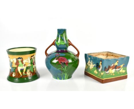 WILEMAN &amp; CO; a Foley Intarsio jardinière, painted with cockerel and hens in landscape setting, pattern no.3288, with int