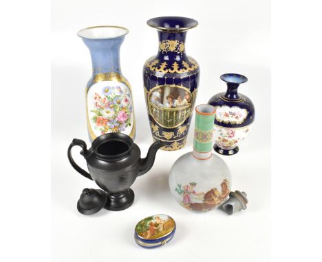 A group of ceramics including a late 19th/early 20th century maiolica lidded bowl, height 6cm, a twin handled vase with ename