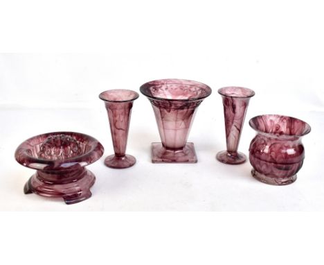 GEORGE DAVIDSON; five pieces of purple cloud glass to include pedestal trumpet vase, height 19cm, a near pair of trumpet vase