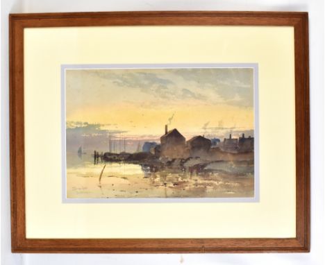 LOUIS KINNEY HARLOW (AMERICAN, 1850-1913); watercolour, ‘Evening Sketch’, New England harbour scene with industrial buildings