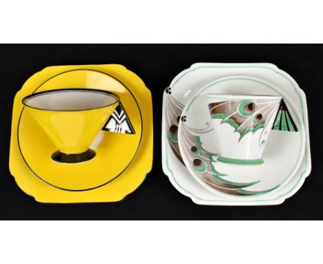 SHELLEY; two Art Deco trios in the Vogue shape, various patterns to include 'Chevron' handle, pattern no.11776 and 'Butterfly