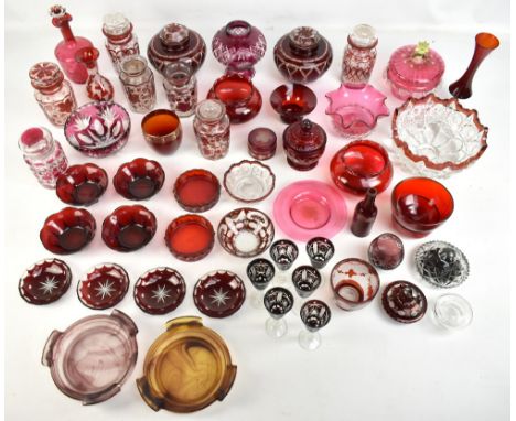 A mixed group 19th century and later Bohemian and English ruby and cranberry glass tableware including lidded bowl with green