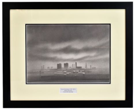 TREVOR GRIMSHAW (1947-2001); a pencil drawing, industrial landscape with telegraph pole in foreground, possibly indistinctly 