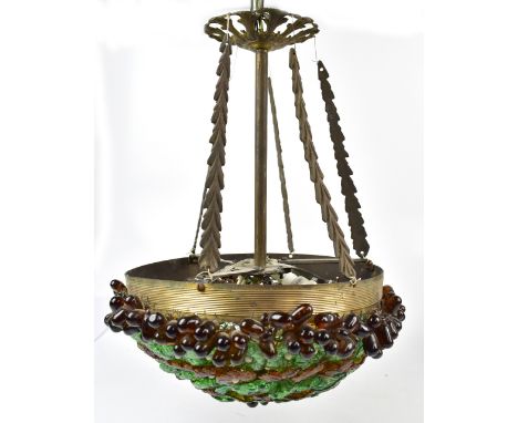 A mid-20th century Italian style hanging ceiling light, with applied green and amber glass droplets and floral panels with me