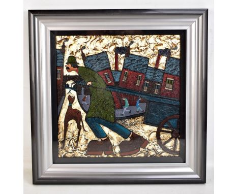 ALBERT BARLOW (British, Born 1944); oil on board, ‘The Scrapman’, Nothern figural street scene with man pulling cart and dog 