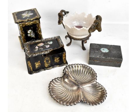 A late Victorian papier-mâché gilt heightened mother of pearl inlaid three drawer table top chest with hinged cupboard front 