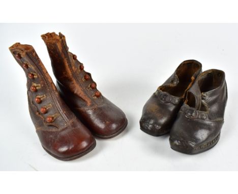 A vintage pair of child's leather ankle boots, length 14.5cm, and a vintage pair of child's leather clogs, length 14cm.Additi
