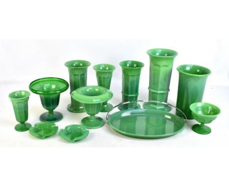 GEORGE DAVIDSON; twelve pieces of jade coloured glassware to include large trumpet vase with panelled decoration, height 26cm