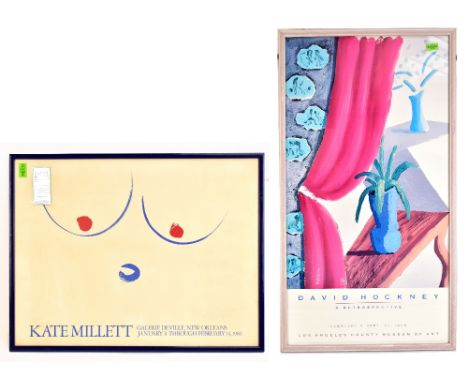 KATE MIlLETT; a signed poster for the Galerie De Ville, New Orleans 1980, 50 x 64cm, and a David Hockney poster for the retro