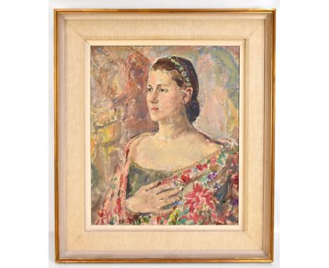 DAME ETHEL WALKER (SCOTTISH, 1861-1951); oil on canvas, portrait study of a young woman wearing a floral throw, signed, with 