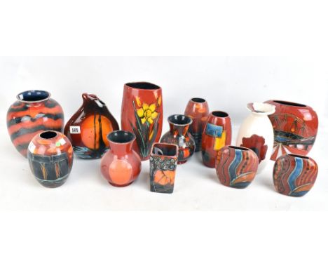 ANITA HARRIS; thirteen ceramic vases including a 'Sunset Orchid' vase, height 8cm, etc, height of largest piece 22cm.Addition