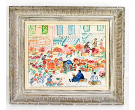 MARY OPPENHEIM (1913-1985); oil on board, 'Carnations at Nice', signed with an M within roundel lower right and inscribed, ti